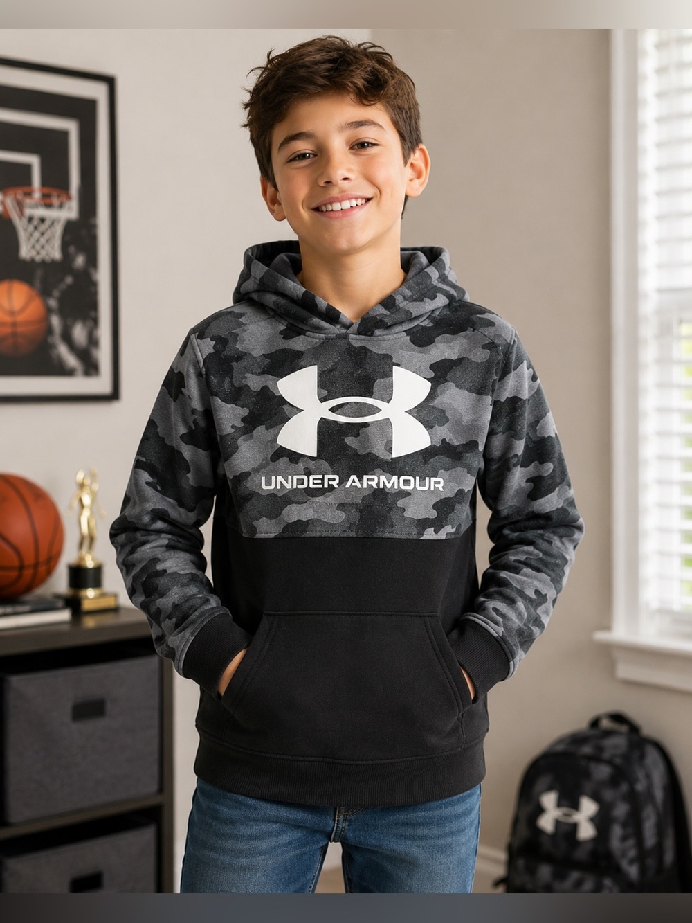 Under Armour Boys Gray & Black Camo Hoodie – Youth Medium